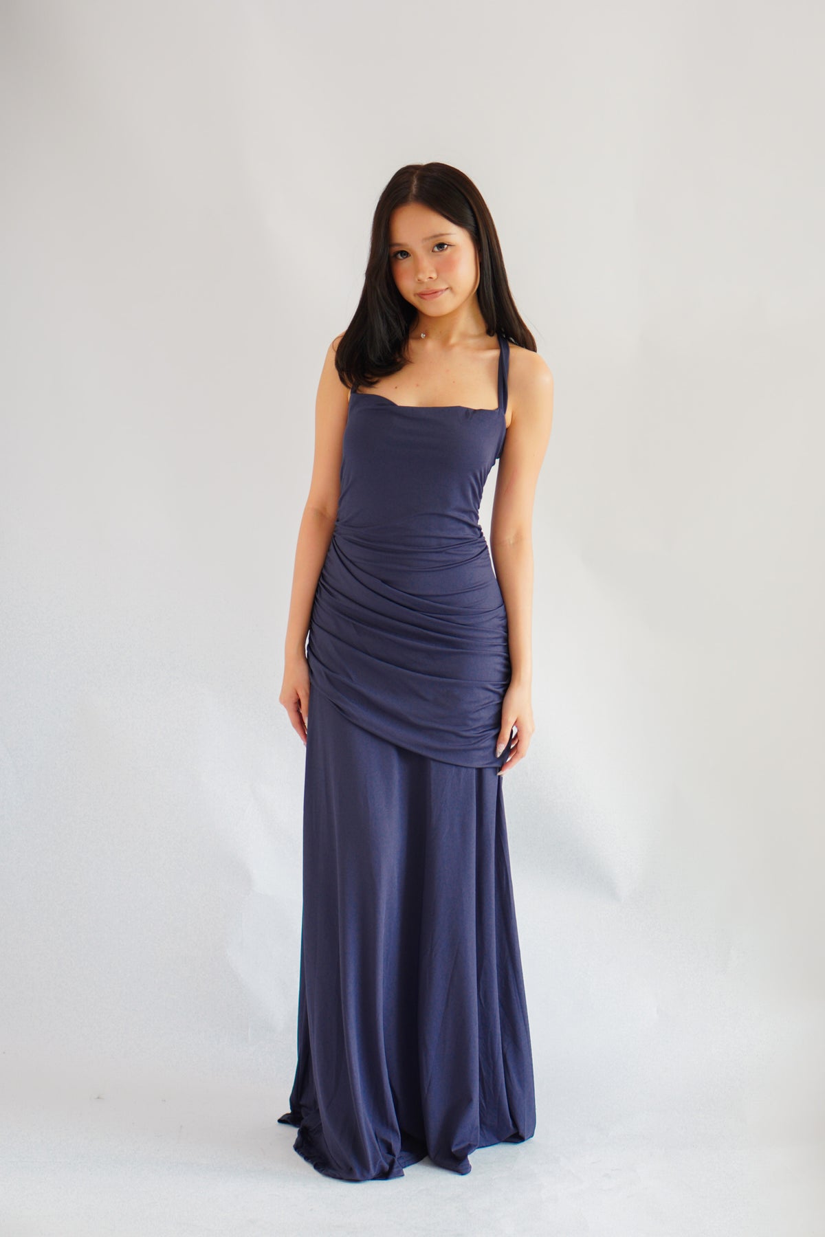 Waverly Ruched Drape Crossback Maxi Dress in Dark Blue