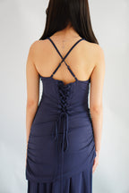 Waverly Ruched Drape Crossback Maxi Dress in Dark Blue