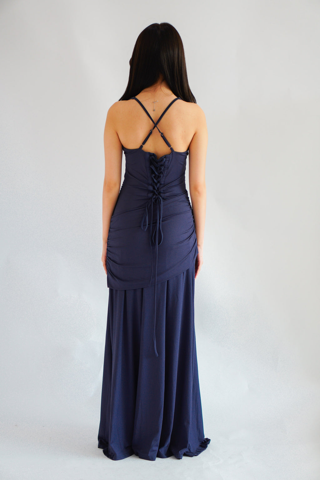 Waverly Ruched Drape Crossback Maxi Dress in Dark Blue