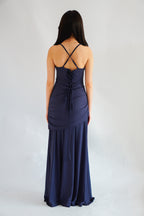 Waverly Ruched Drape Crossback Maxi Dress in Dark Blue