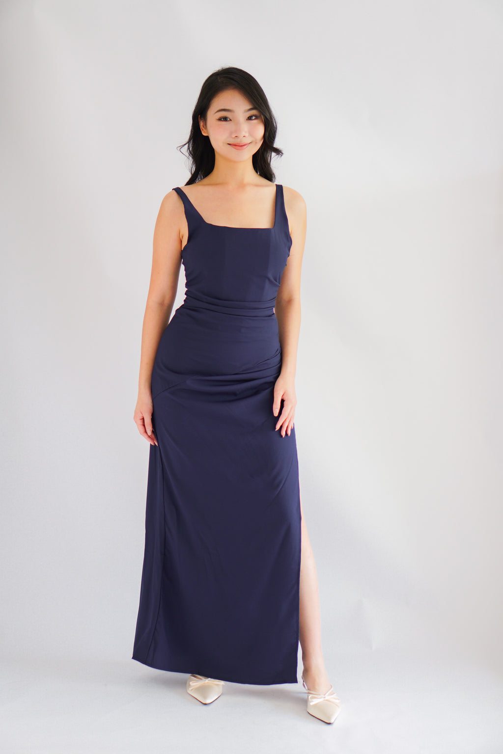Keana Ruched Waist Maxi Dress in Dark Blue