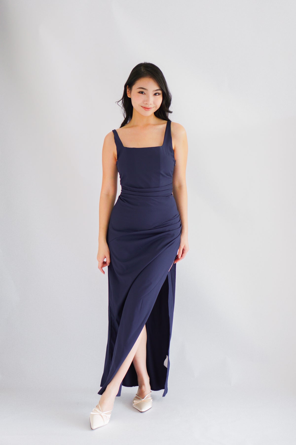 Keana Ruched Waist Maxi Dress in Dark Blue