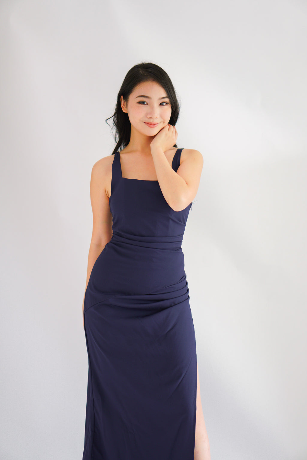 Keana Ruched Waist Maxi Dress in Dark Blue