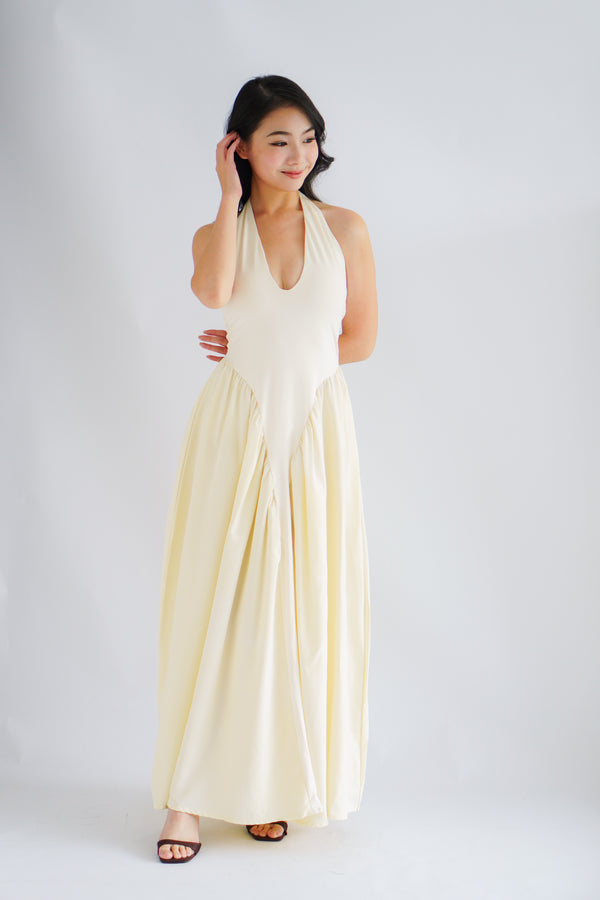Adelaide Self Tied Halter Neck V Neck Maxi Dress in Cream