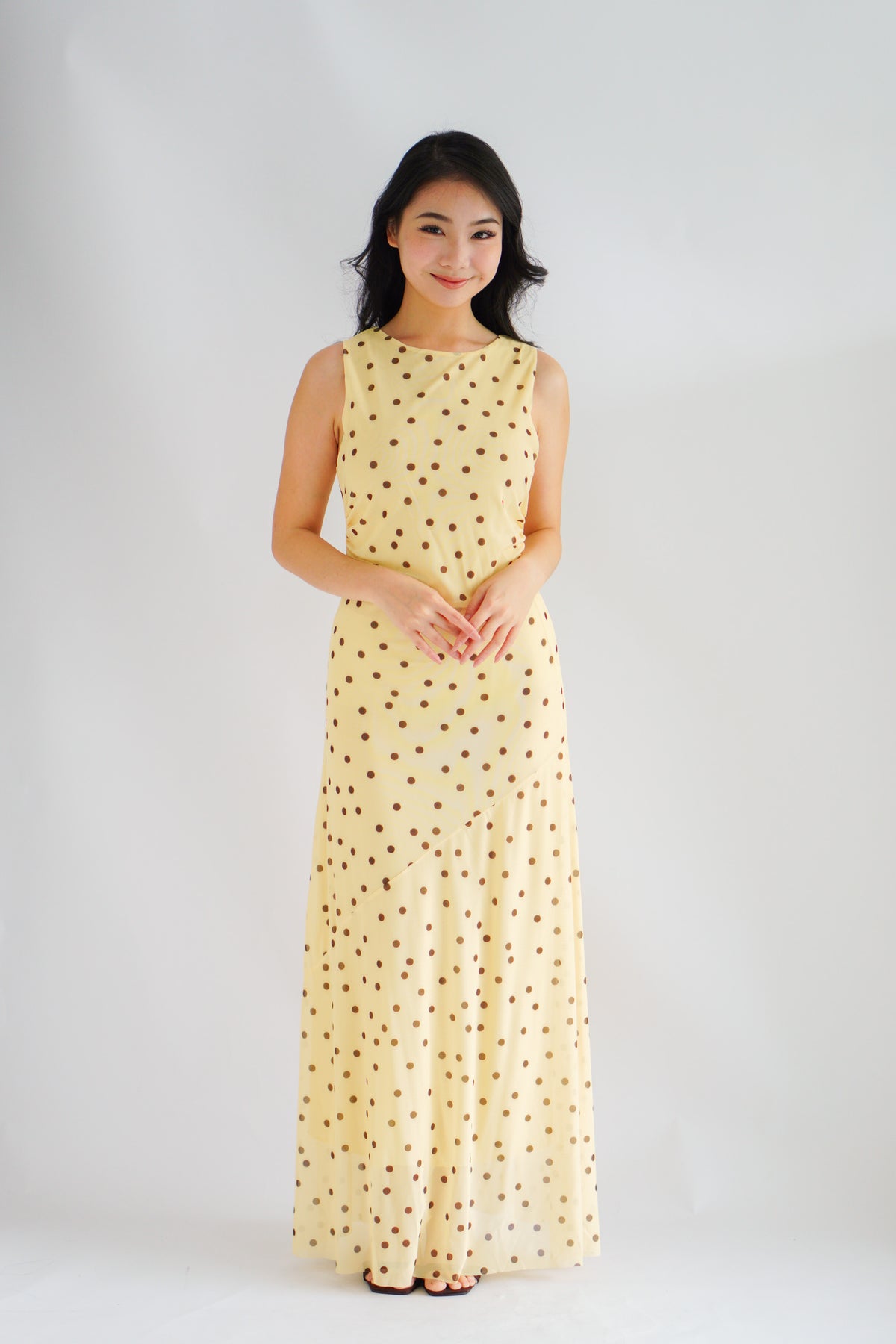 Sun Dreamer Polkadot Boat Neck Maxi Dress in Yellow