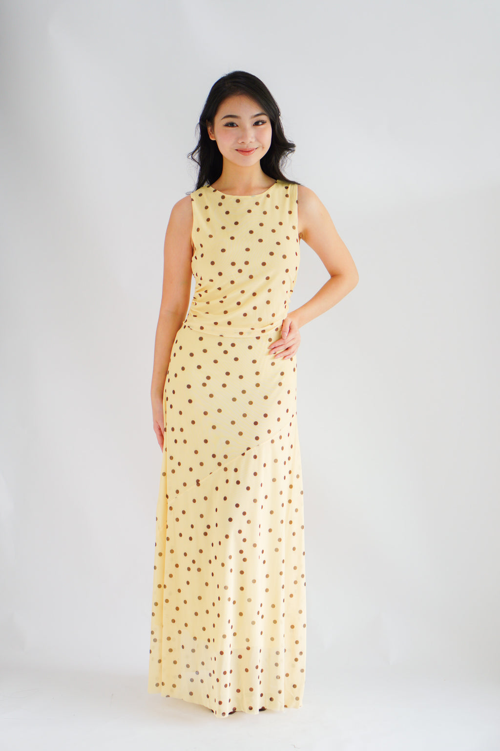 Sun Dreamer Polkadot Boat Neck Maxi Dress in Yellow