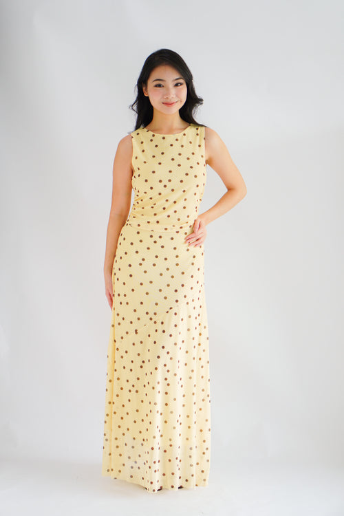 Sun Dreamer Polkadot Boat Neck Maxi Dress in Yellow