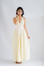 Adelaide Self Tied Halter Neck V Neck Maxi Dress in Cream
