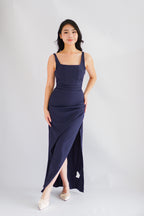 Keana Ruched Waist Maxi Dress in Dark Blue