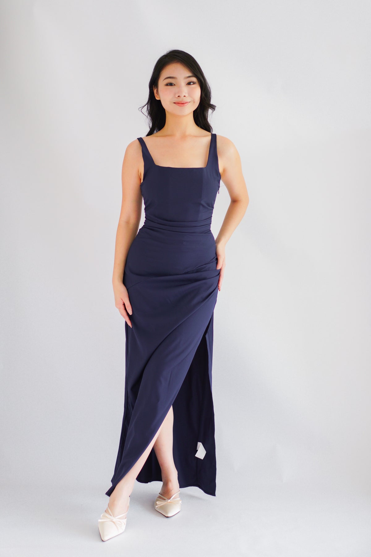 Keana Ruched Waist Maxi Dress in Dark Blue