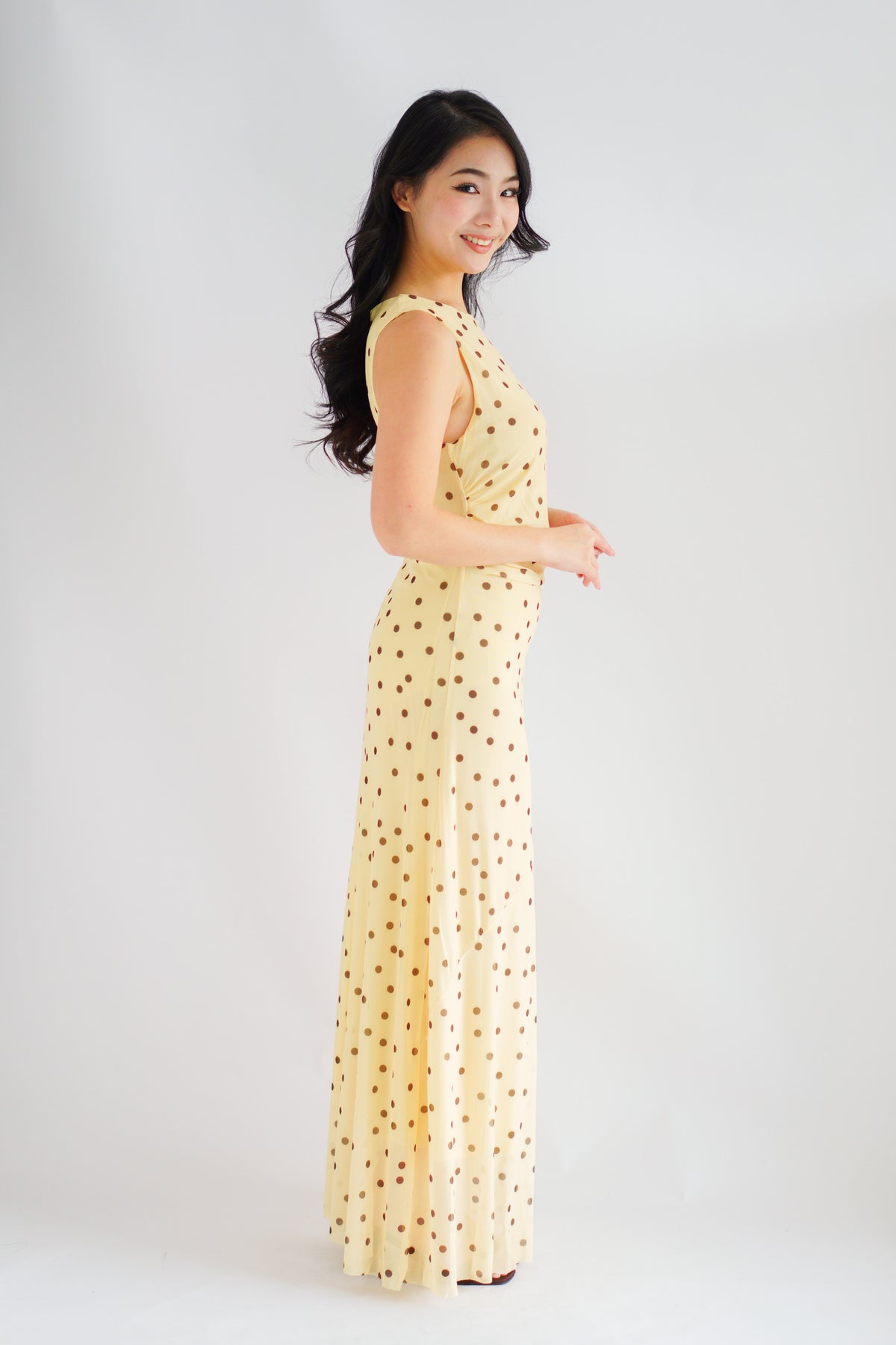Sun Dreamer Polkadot Boat Neck Maxi Dress in Yellow