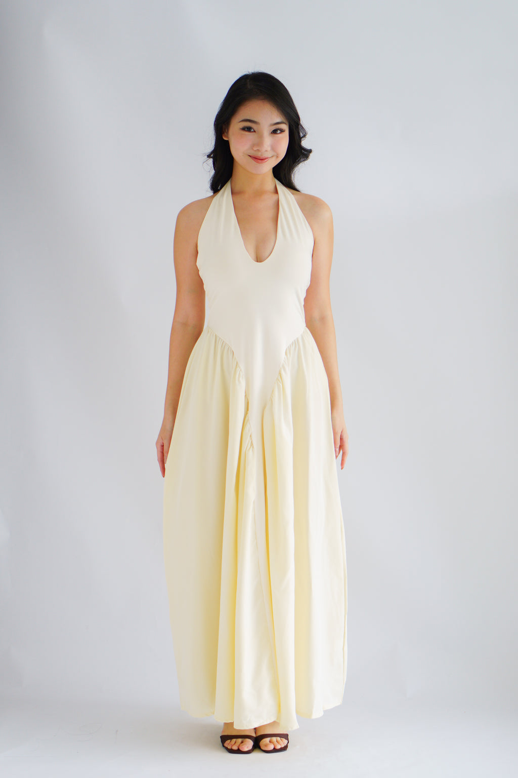 Adelaide Self Tied Halter Neck V Neck Maxi Dress in Cream