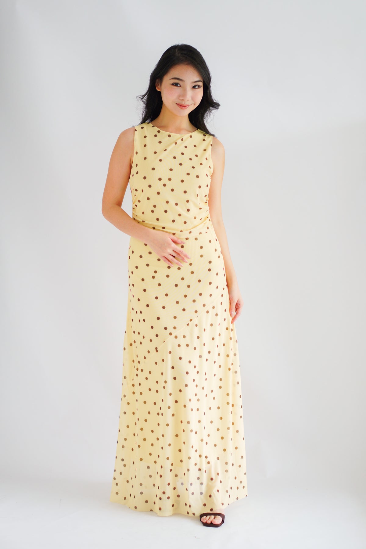 Sun Dreamer Polkadot Boat Neck Maxi Dress in Yellow