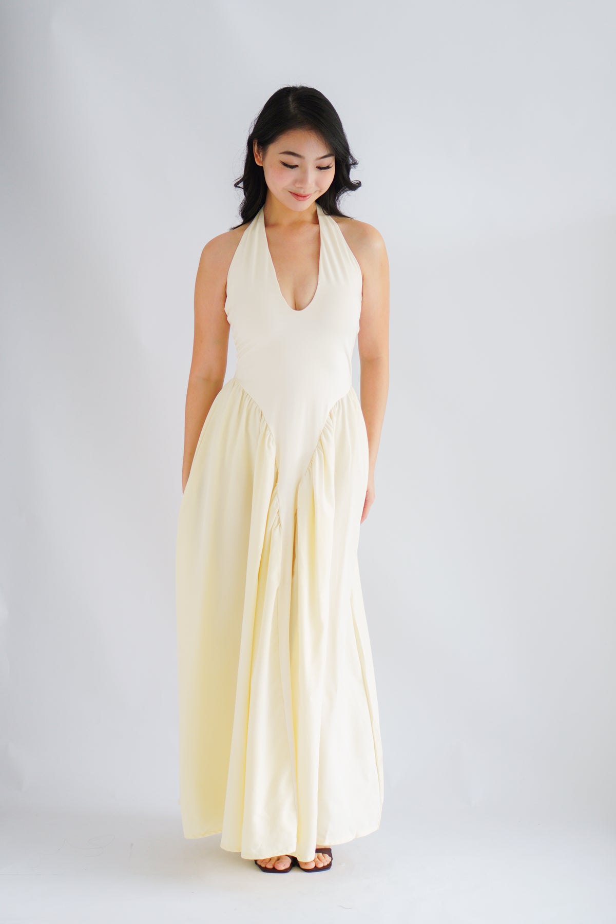Adelaide Self Tied Halter Neck V Neck Maxi Dress in Cream