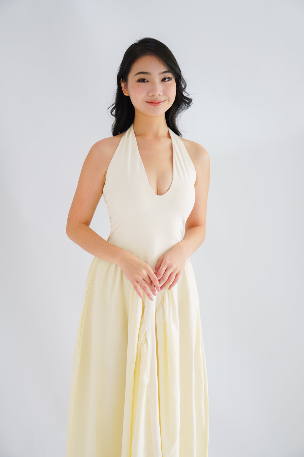 Adelaide Self Tied Halter Neck V Neck Maxi Dress in Cream