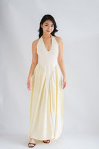 Adelaide Self Tied Halter Neck V Neck Maxi Dress in Cream