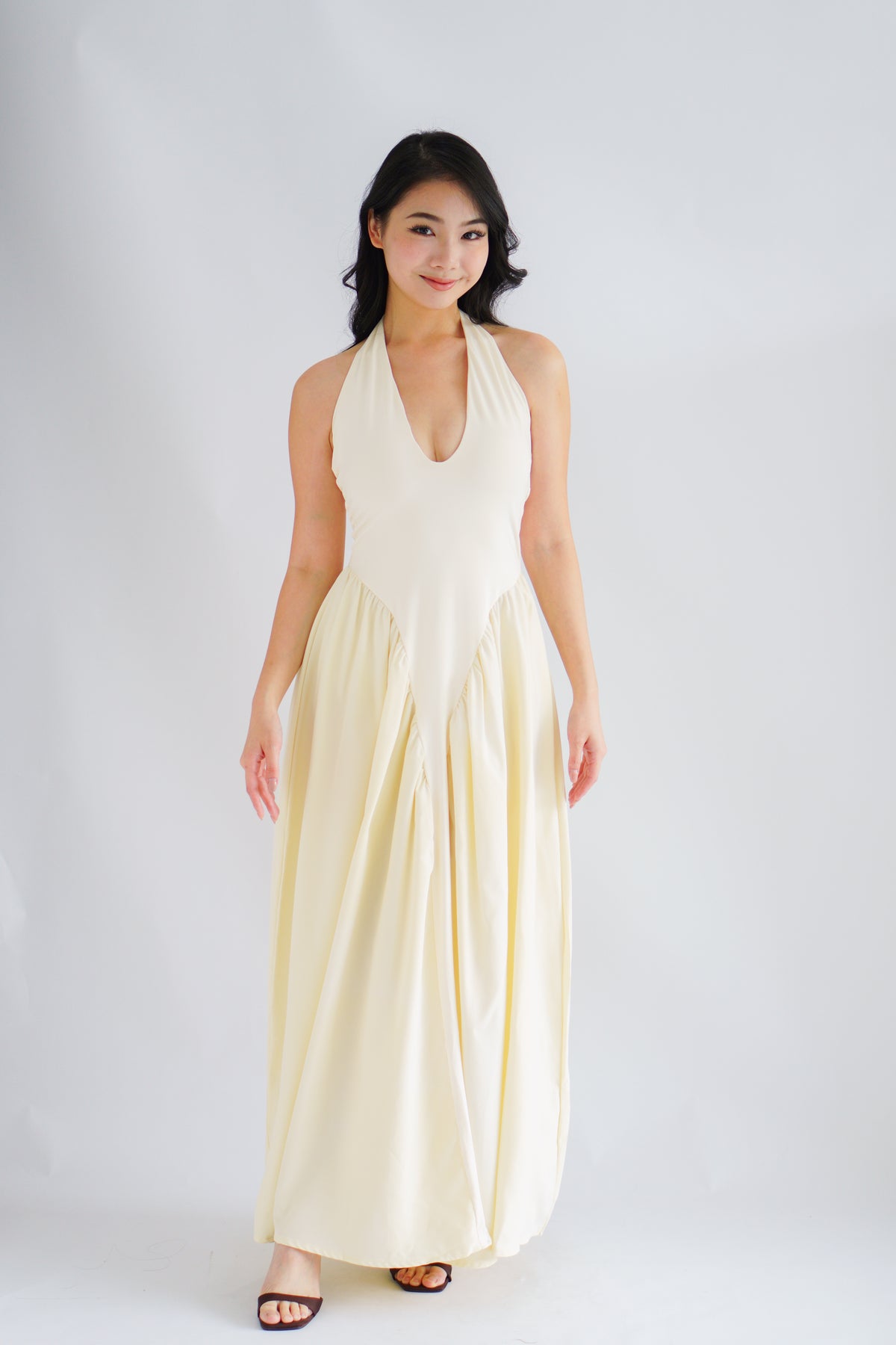 Adelaide Self Tied Halter Neck V Neck Maxi Dress in Cream