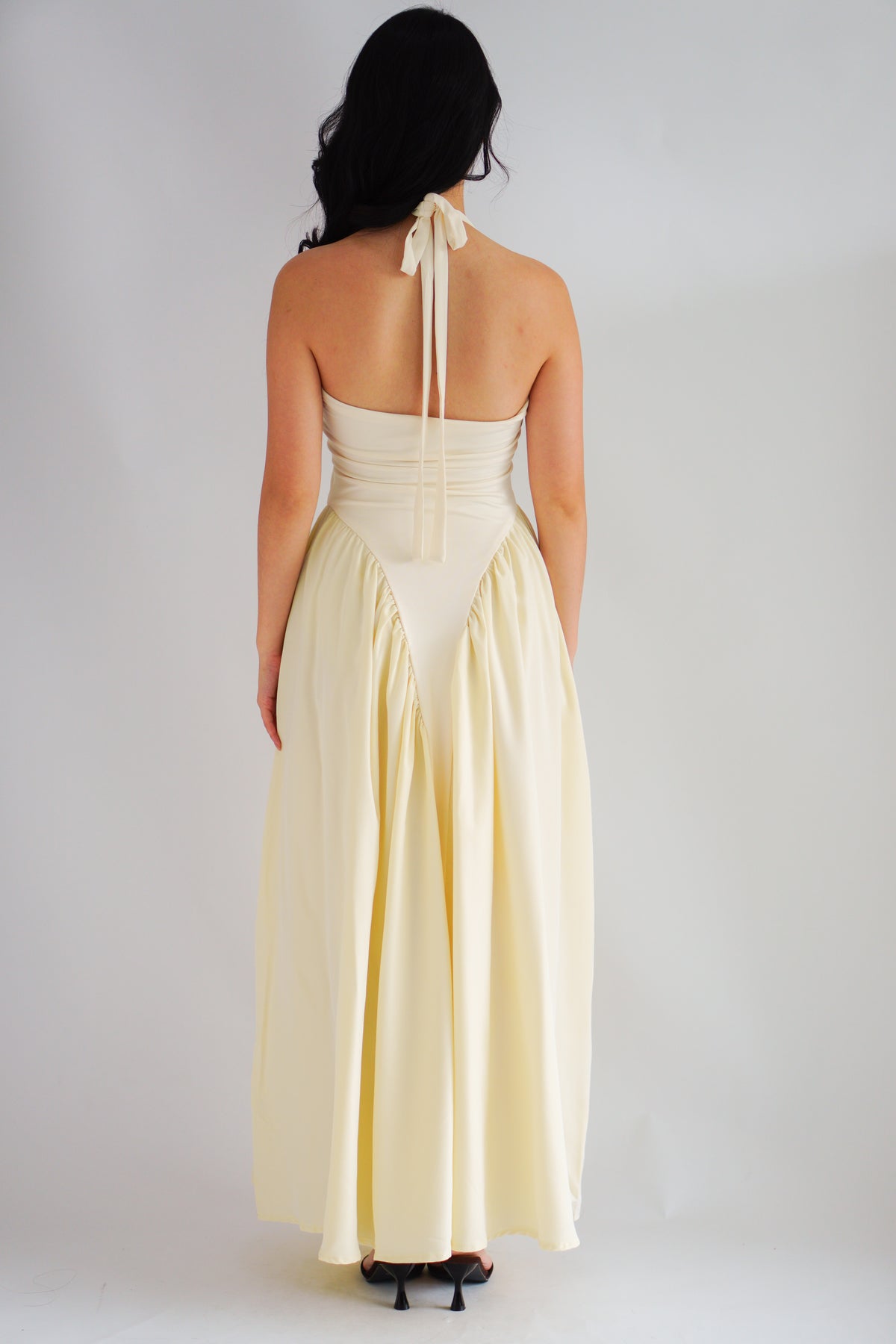 Adelaide Self Tied Halter Neck V Neck Maxi Dress in Cream