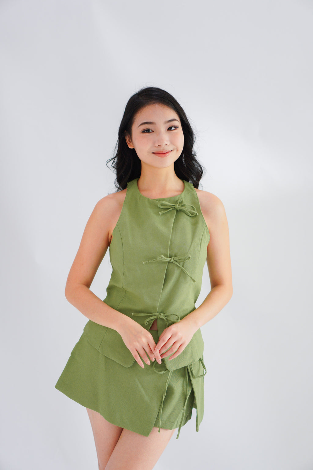 Miss Pistachio Self Tied Ribbon Linen Top in Green