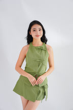 Miss Pistachio Self Tied Ribbon Linen Top in Green
