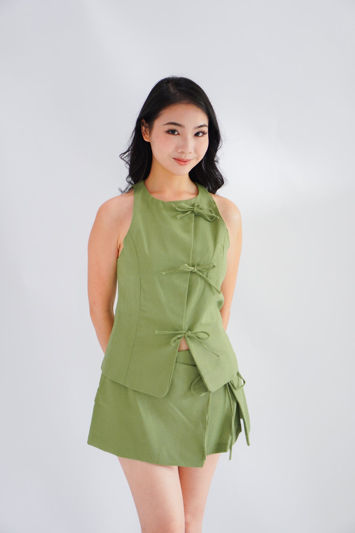 Miss Pistachio Self Tied Ribbon Linen Top in Green