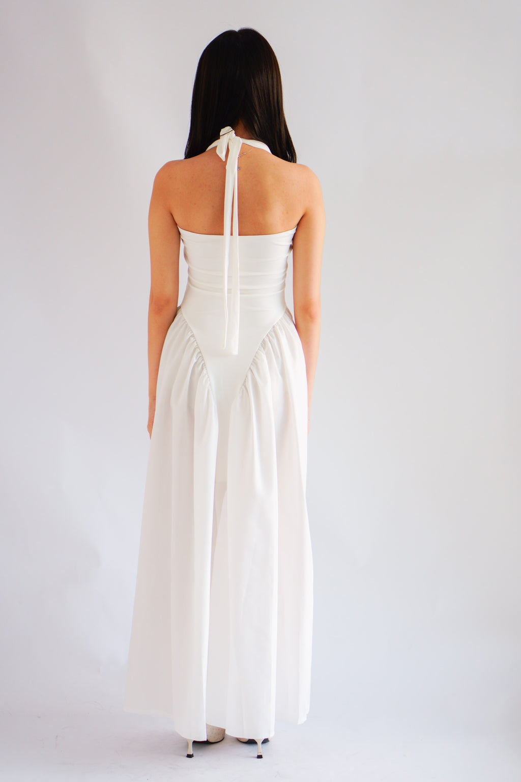 Adelaide Self Tied Halter Neck V Neck Maxi Dress in White