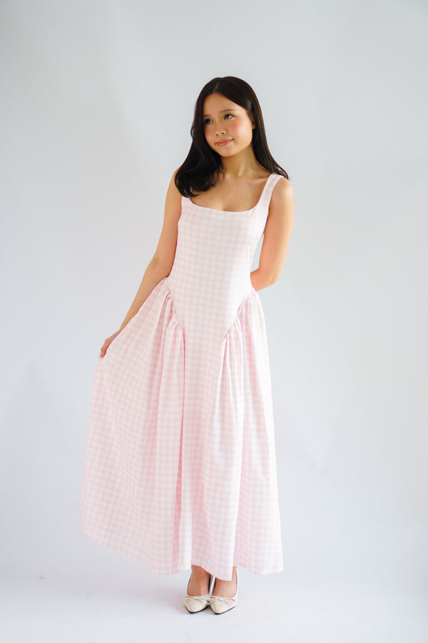 Halliway Gingham Drop Waist A-Line Dress in Pink