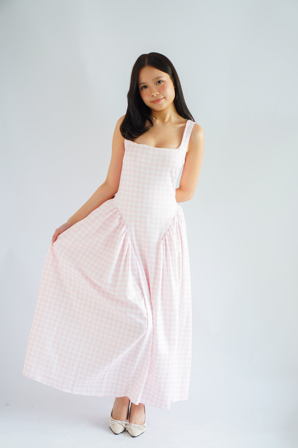 Halliway Gingham Drop Waist A-Line Dress in Pink
