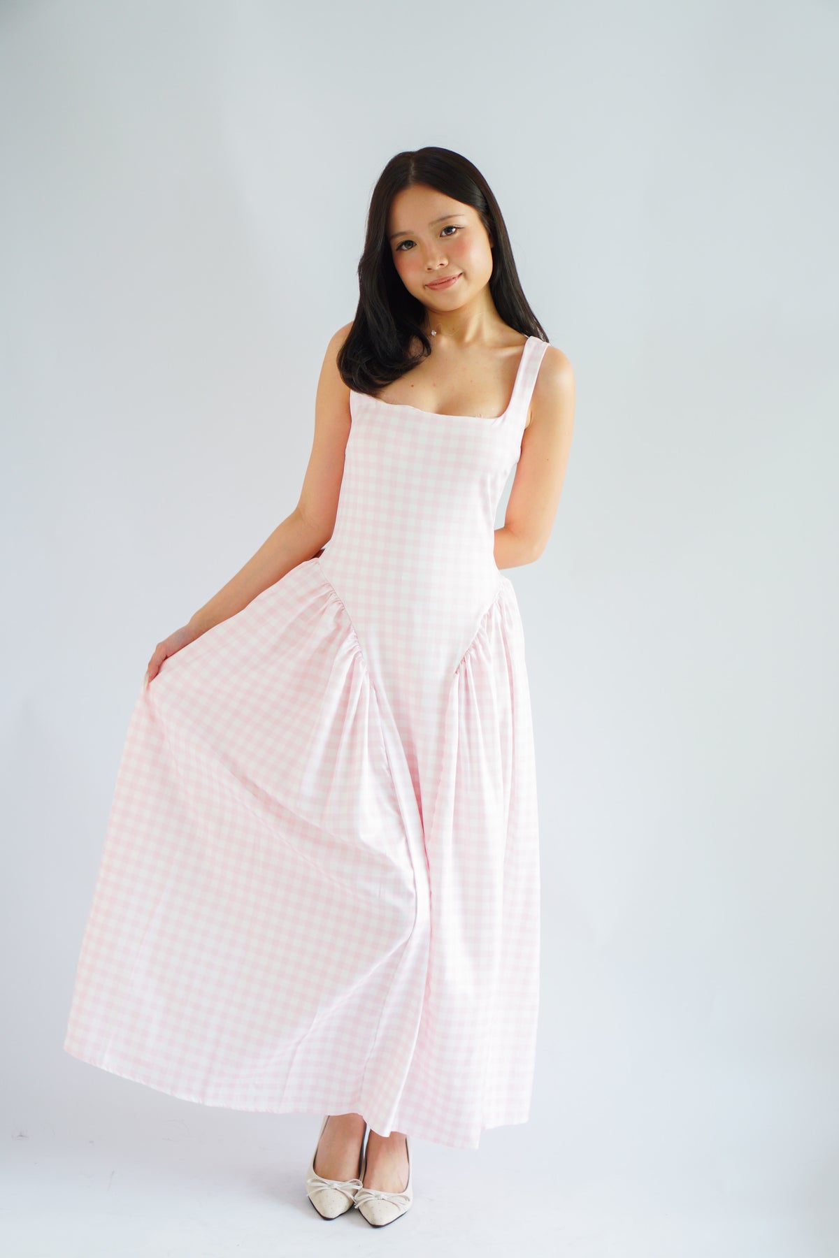 Halliway Gingham Drop Waist A-Line Dress in Pink