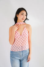 Lexie Polkadot Choker V Neck Top in Pink