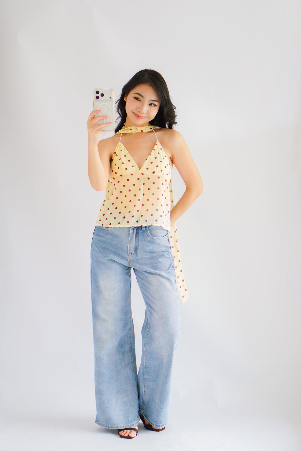 Lexie Polkadot Choker V Neck Top in Yellow