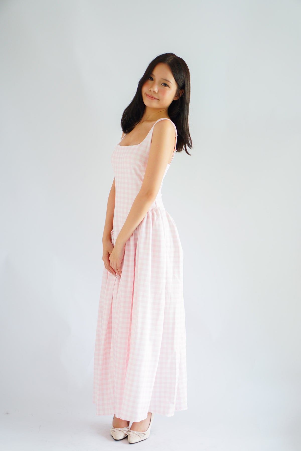 Halliway Gingham Drop Waist A-Line Dress in Pink