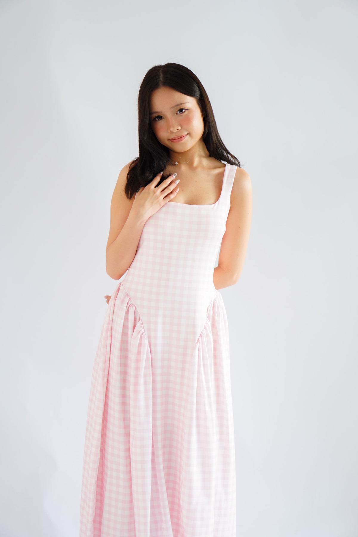 Halliway Gingham Drop Waist A-Line Dress in Pink