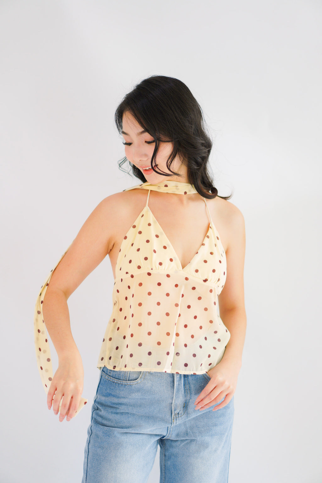 Lexie Polkadot Choker V Neck Top in Yellow