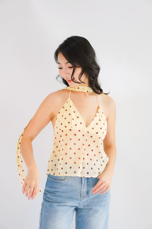 Lexie Polkadot Choker V Neck Top in Yellow