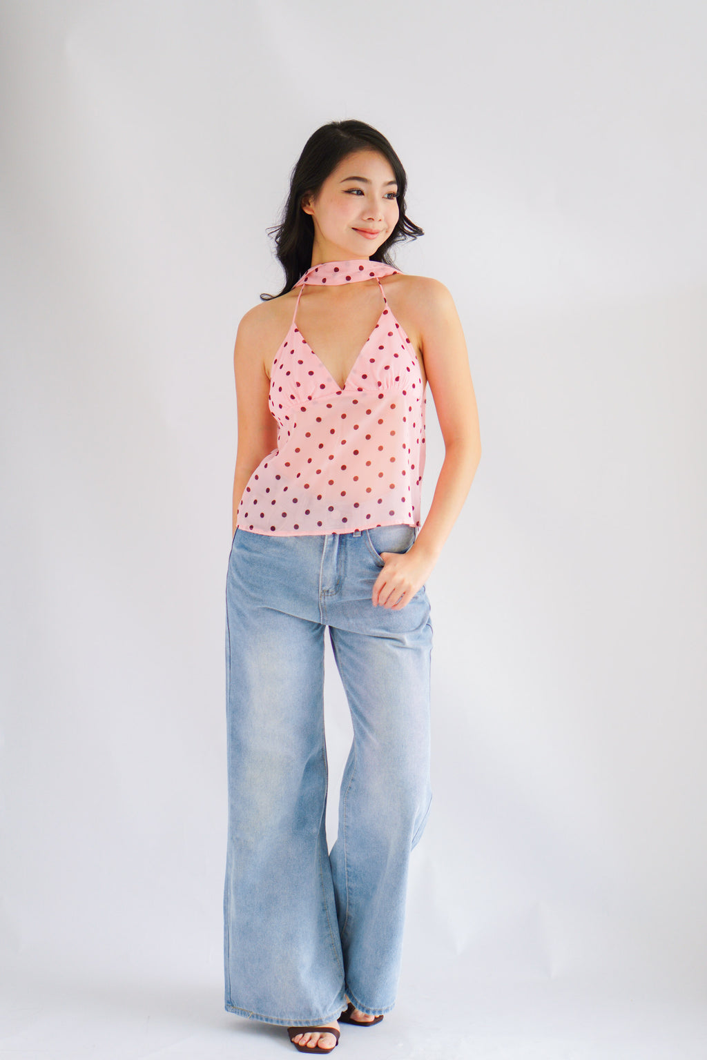 Lexie Polkadot Choker V Neck Top in Pink