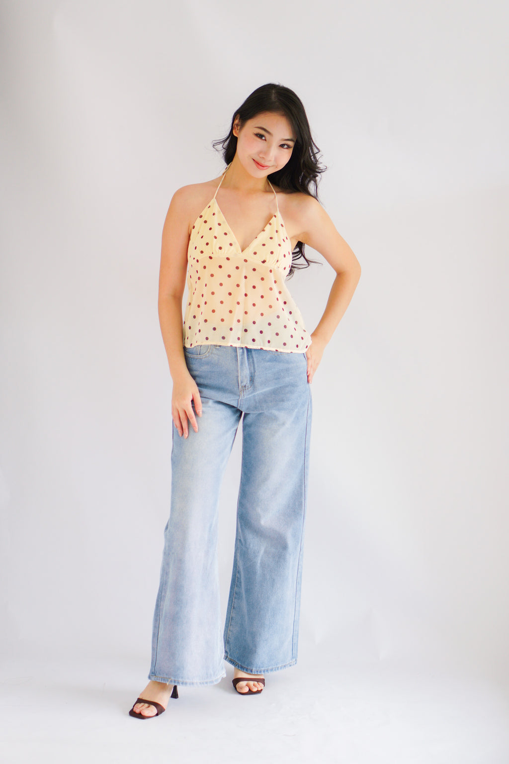 Lexie Polkadot Choker V Neck Top in Yellow