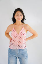 Lexie Polkadot Choker V Neck Top in Pink