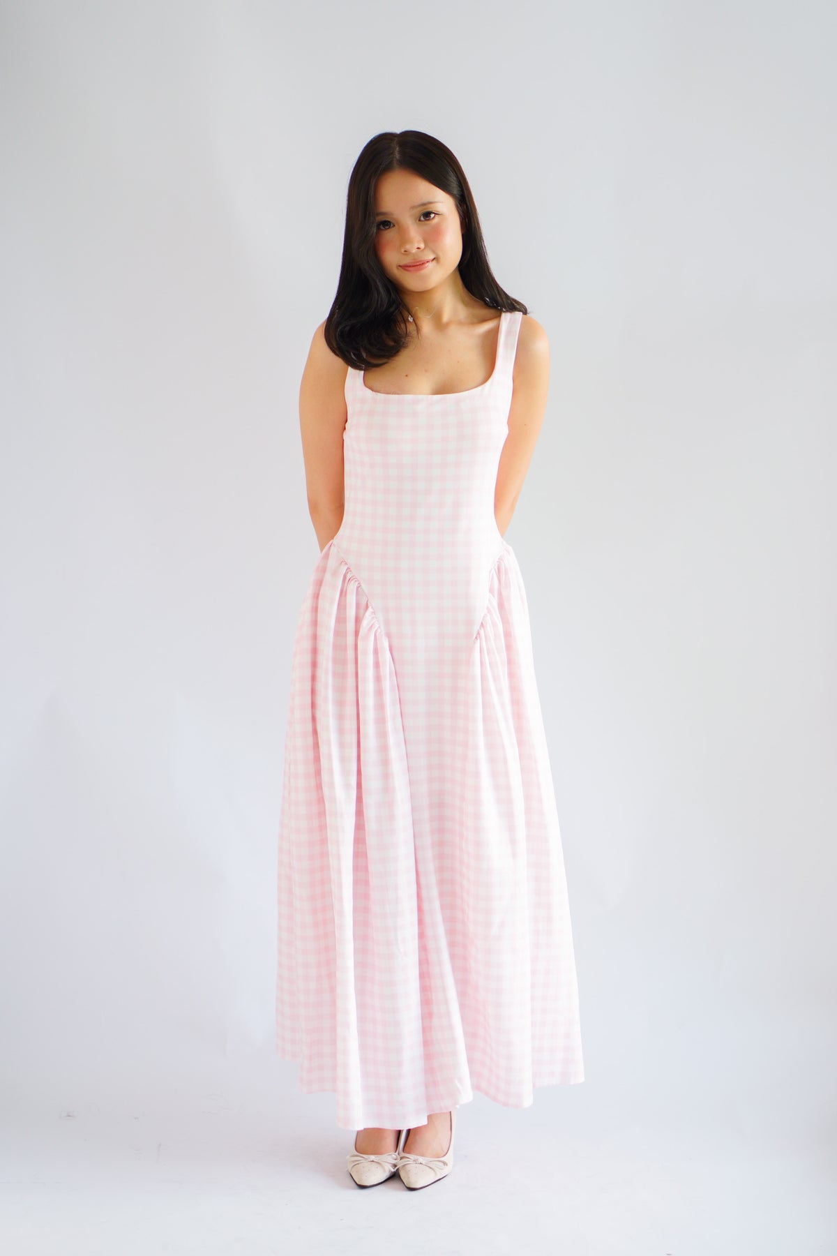 Halliway Gingham Drop Waist A-Line Dress in Pink