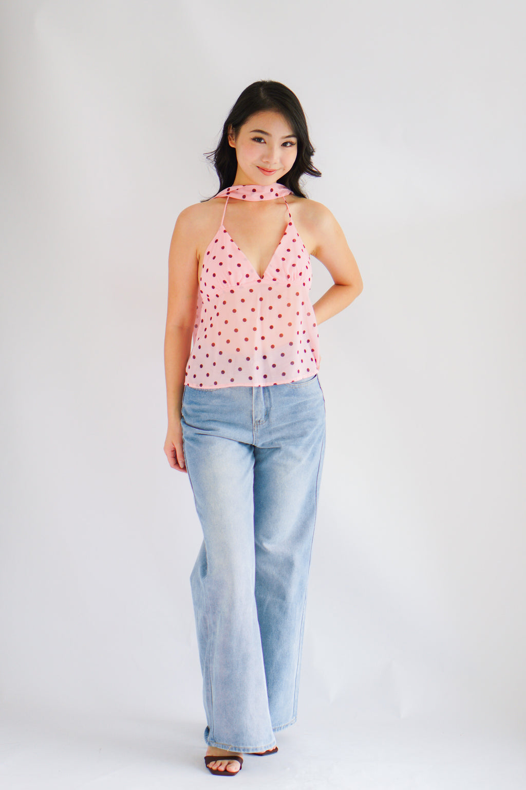 Lexie Polkadot Choker V Neck Top in Pink