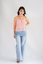 Lexie Polkadot Choker V Neck Top in Pink