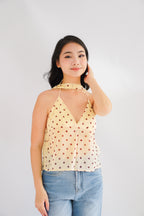 Lexie Polkadot Choker V Neck Top in Yellow