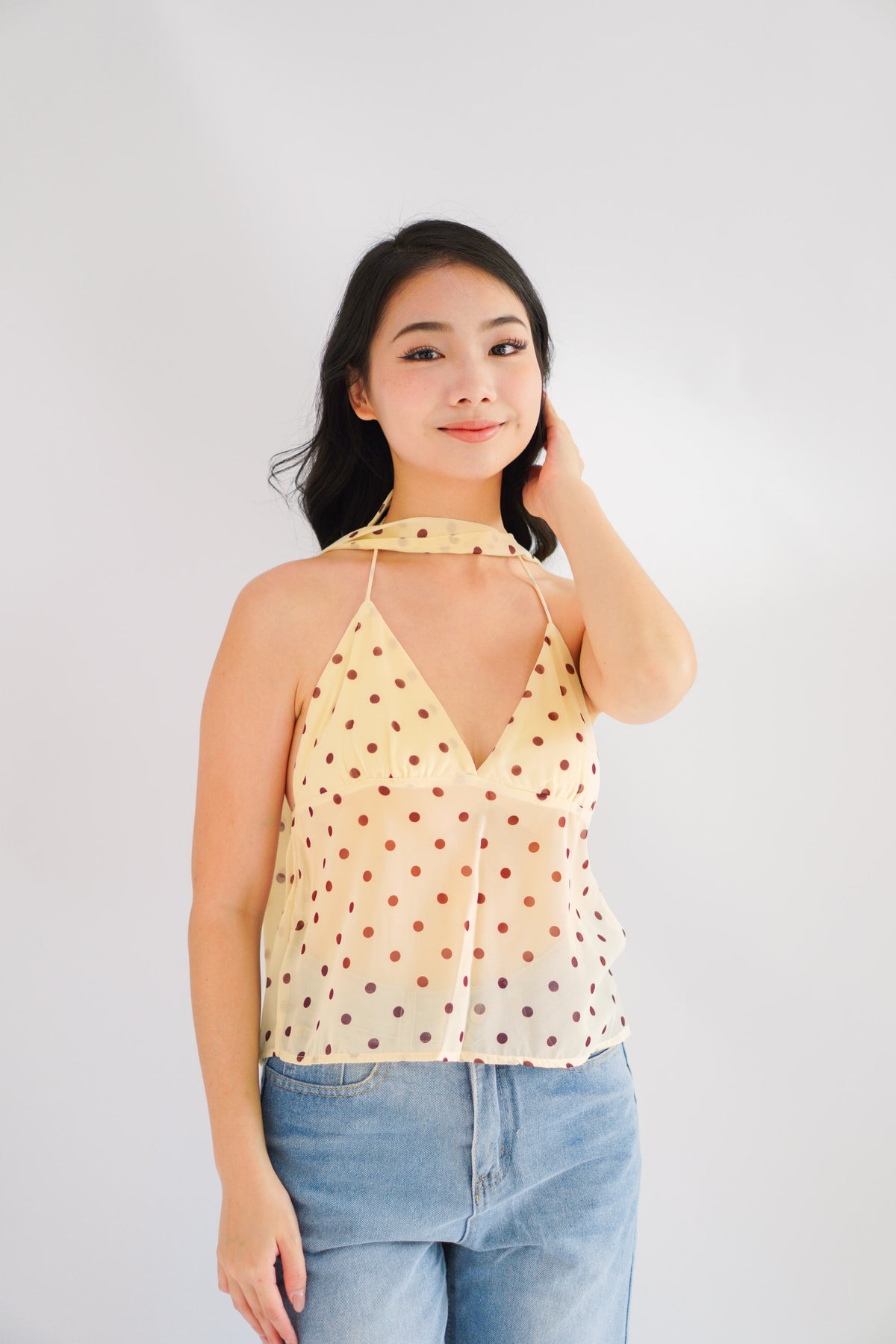 Lexie Polkadot Choker V Neck Top in Yellow