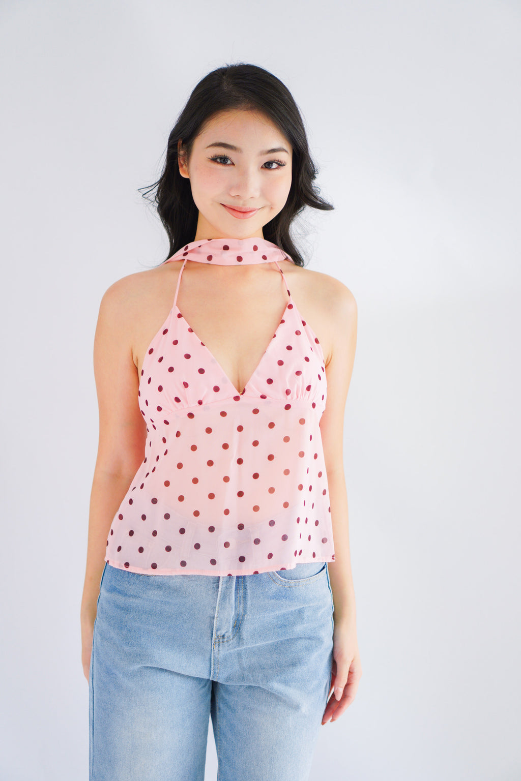 Lexie Polkadot Choker V Neck Top in Pink