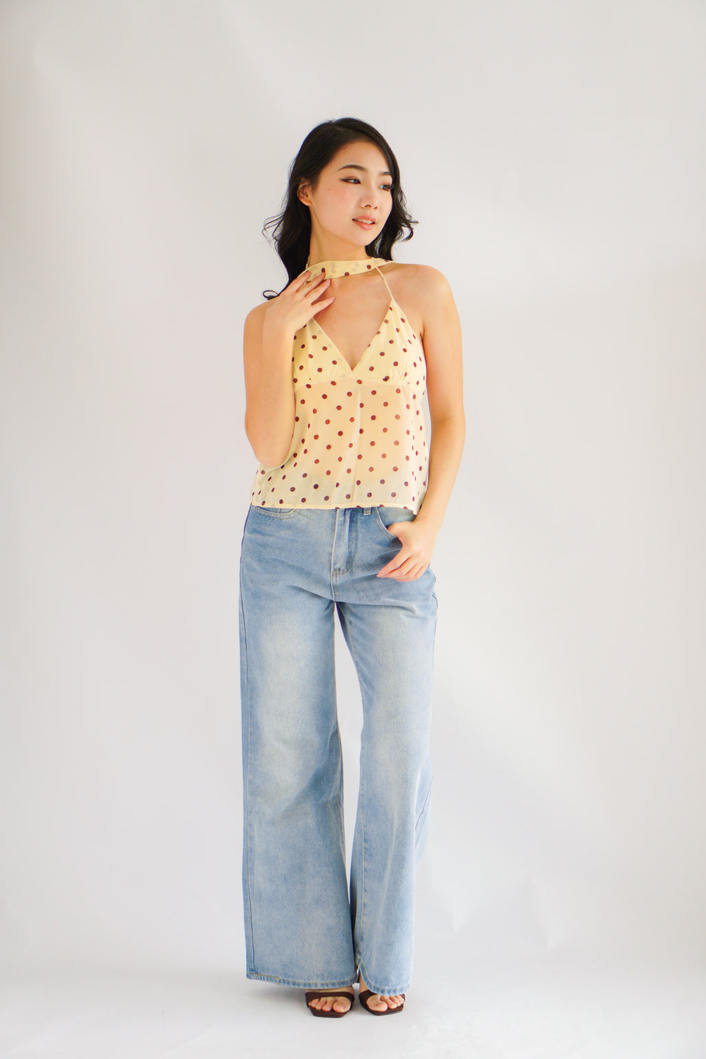 Lexie Polkadot Choker V Neck Top in Yellow