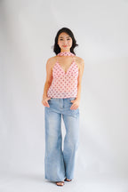 Lexie Polkadot Choker V Neck Top in Pink