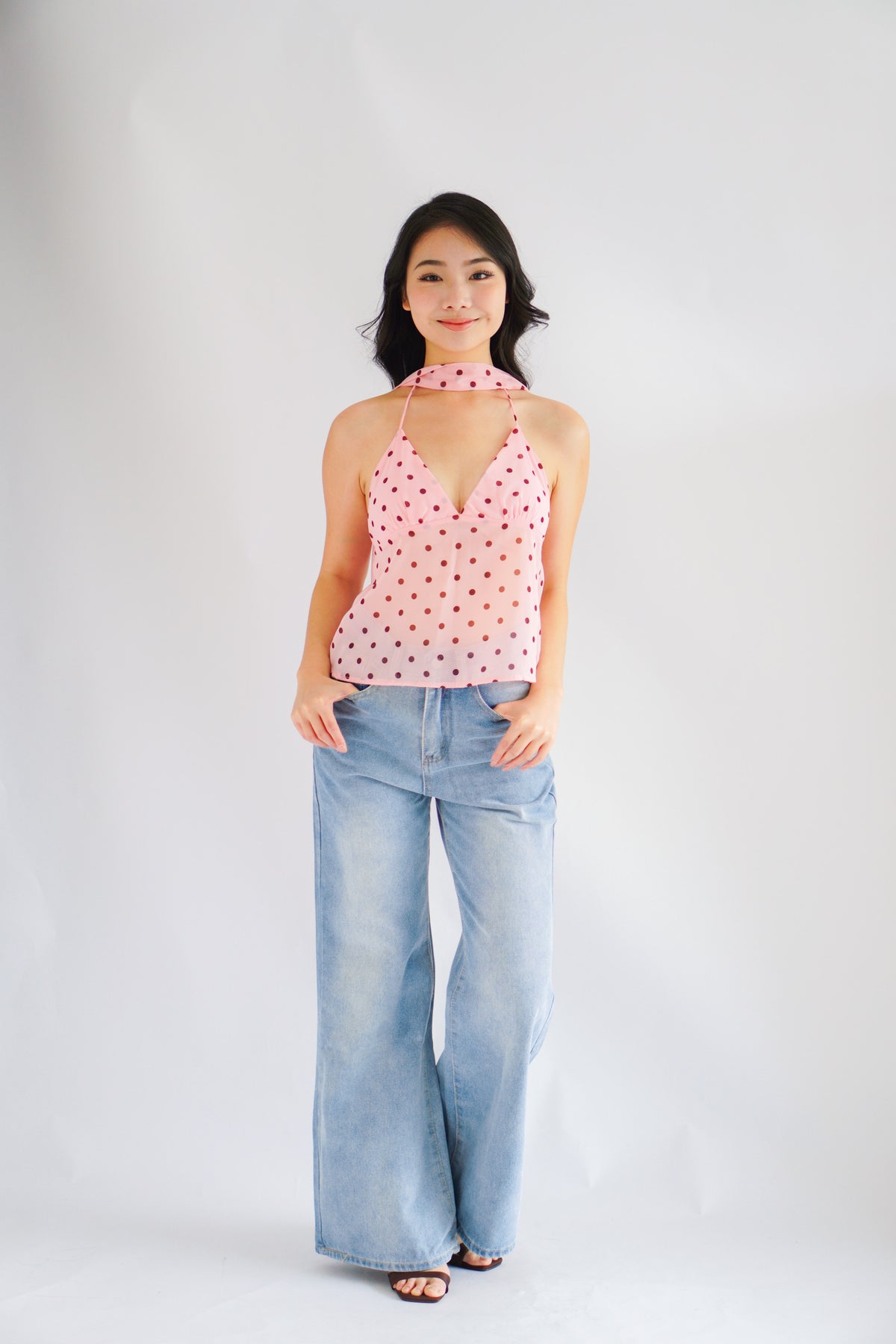 Lexie Polkadot Choker V Neck Top in Pink