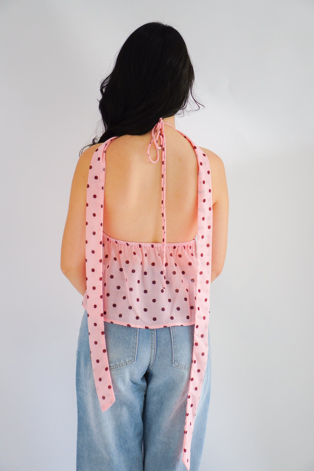 Lexie Polkadot Choker V Neck Top in Pink