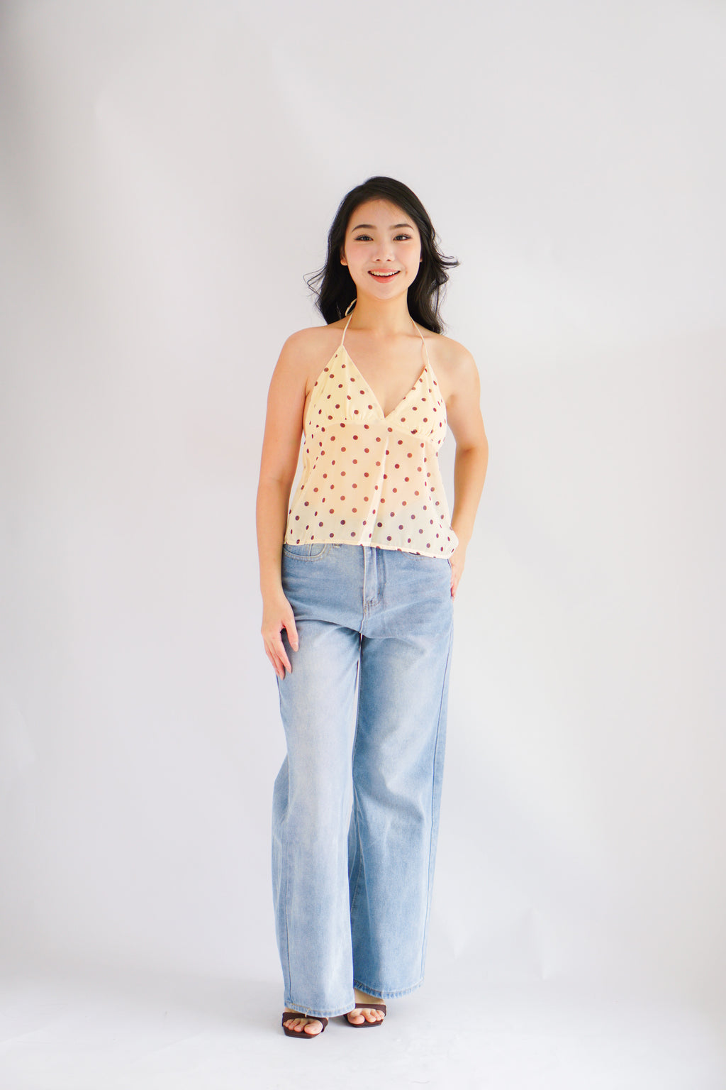 Lexie Polkadot Choker V Neck Top in Yellow