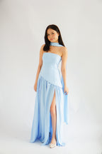Dephora Tube Maxi Asymmetrical Dress with Sash in Light Blue